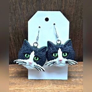 NWT Tuxedo Cat Earrings Pierced Cat Lady Dangle Drop Jewelry Handmade Jewelry